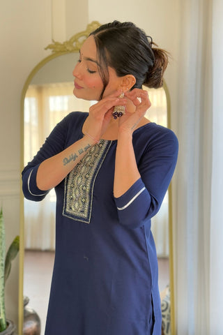 Navy Blue Reyon Muslin With Embroidery Kurta Set_Kumari Sarees