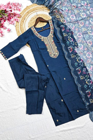 Navy Blue Viscose Chanderi Kurta Set_Kumari Sarees