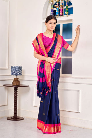 Navy Blue Royal Paithni Cotton Silk Gold Weaving Border_Kumari Sarees