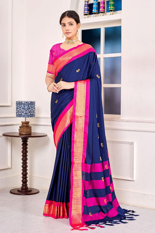 Navy Blue Royal Paithni Cotton Silk Gold Weaving Border_Kumari Sarees