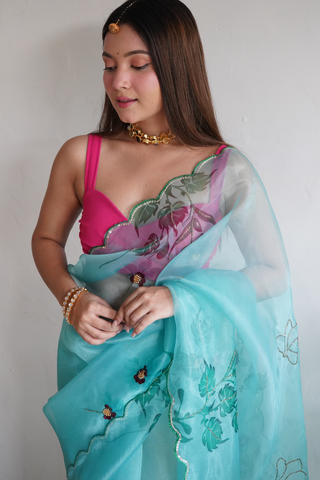 Ocean Blue Organza Silk Saree_Kumari Sarees