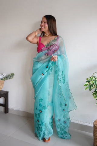 Ocean Blue Organza Silk Saree_Kumari Sarees