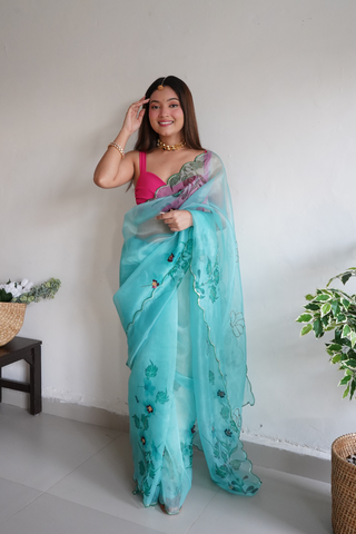 Ocean Blue Organza Silk Saree_Kumari Sarees