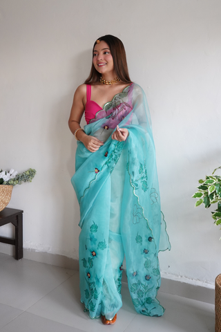 Ocean Blue Organza Silk Saree_Kumari Sarees