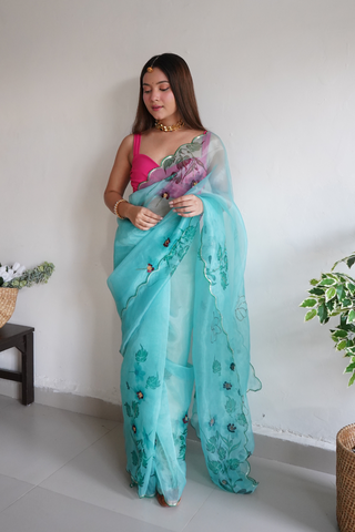 OCEAN BLUE ORGANZA SILK SAREE