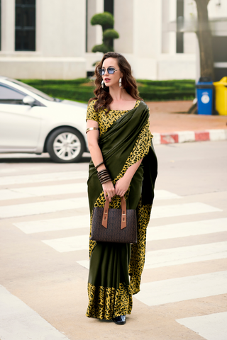 OLIVE GREEN SATIN SILK SAREE