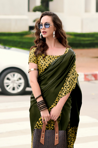 OLIVE GREEN SATIN SILK SAREE