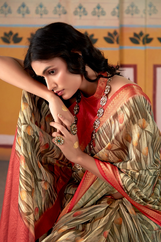 Orange & Brown Pure Handloom Tissue Silk Saree_Kumri Sarees