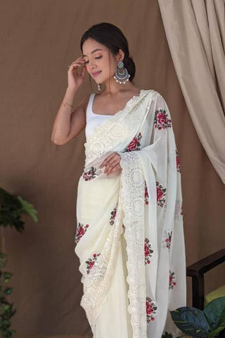 OFF WHITE GEORGETTE SILK SAREE