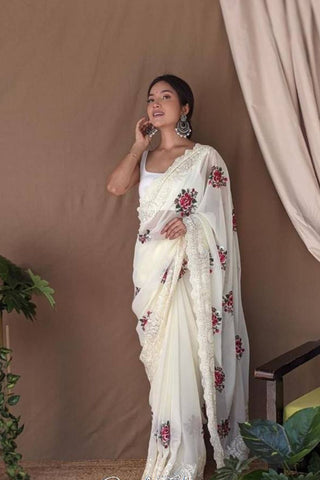 OFF WHITE GEORGETTE SILK SAREE