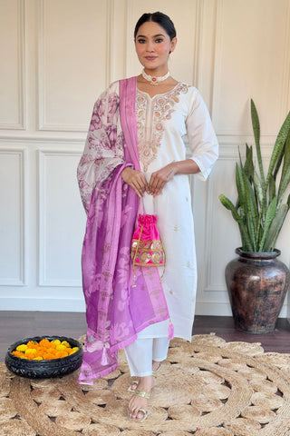  Off White Viscose Chanderi Silk Kurta Set_Kumari Sarees