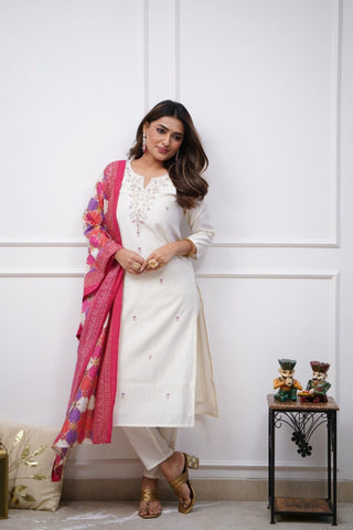 Off White Women Embroidered Chanderi Silk Kurta Set_Kumari Sarees