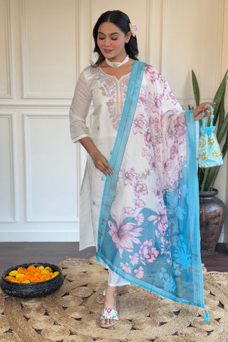 White Viscose Chanderi Silk Kurta Set_Kumari Sarees