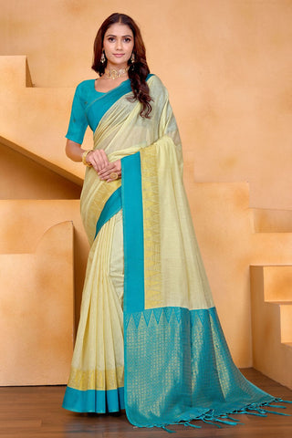 Off White  Pure Handloom Cotton With Gold Zari Silk Saree