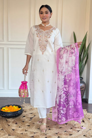  Off White Viscose Chanderi Silk Kurta Set_Kumari Sarees