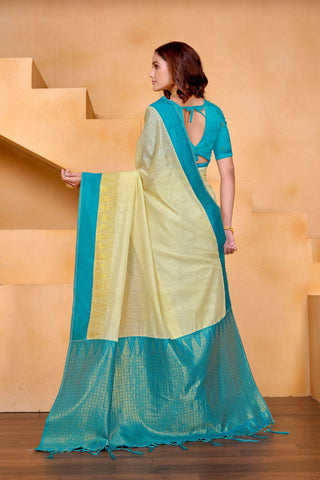 Off White  Pure Handloom Cotton With Gold Zari Silk Saree
