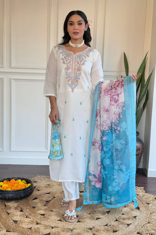 White Viscose Chanderi Silk Kurta Set_Kumari Sarees