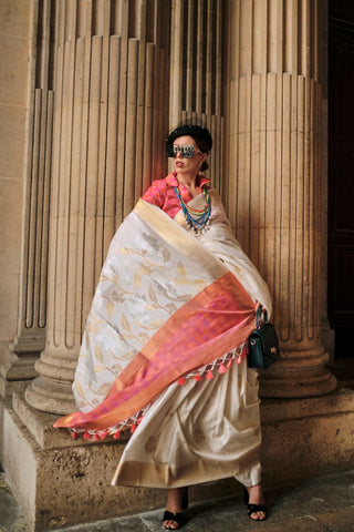 OFF WHITE SOFT SILK HANDLOOM WEAVING SAREE