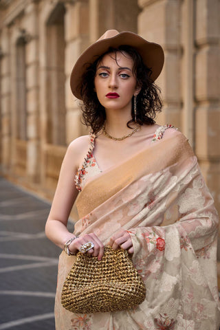 OFF WHITE & ORANGE PRINTED POLY BRASSO HANDLOOM WEAVING SAREE