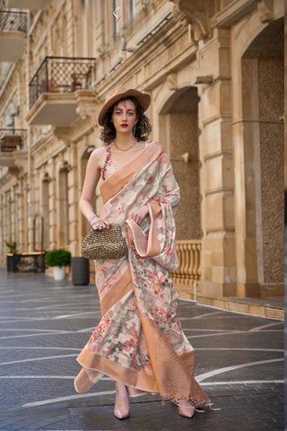 OFF WHITE & ORANGE PRINTED POLY BRASSO HANDLOOM WEAVING SAREE