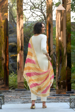 Off White Chanderi Butti With Embroidery Kurta Set