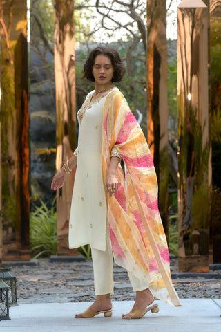 Off White Chanderi Butti With Embroidery Kurta Set