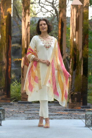 Off White Chanderi Butti With Embroidery Kurta Set