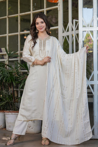 Off White Viscose Chanderi Jacqurad Embroidery Kurta Set_Kumari Sarees