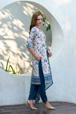 Off White & Blue Cotton With Print Kurta Set