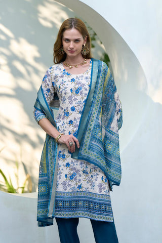 Off White & Blue Cotton With Print Kurta Set