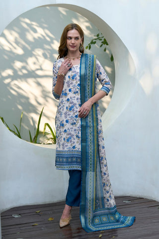 Off White & Blue Cotton With Print Kurta Set