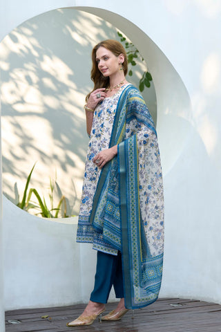Off White & Blue Cotton With Print Kurta Set
