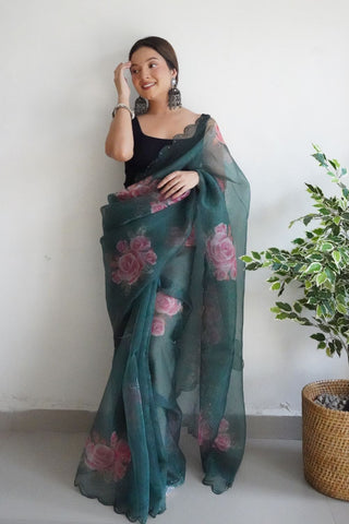 Olive Green Organza Silk Saree