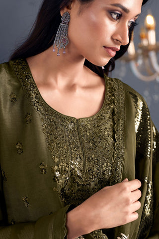 Olive Green Pure Russian Silk Embroidery Kurta Set