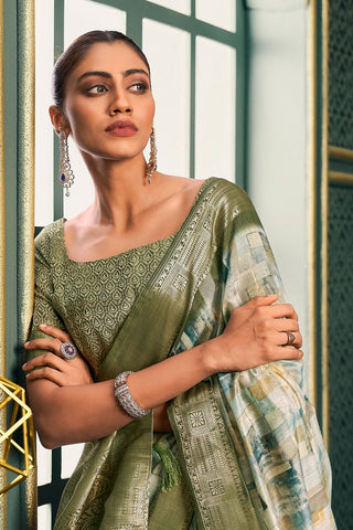 OLIVE GREEN MODAL COTTON SAREE WITH DIGITAL PRINT 