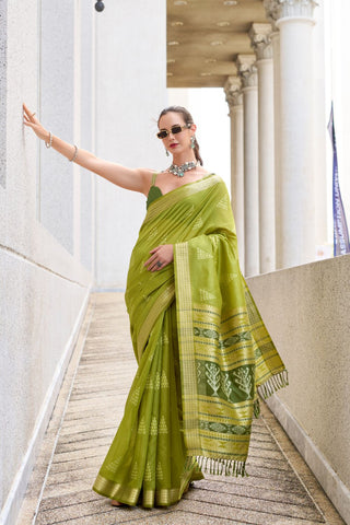 Olive Green Ikkat Weaving Silk Saree