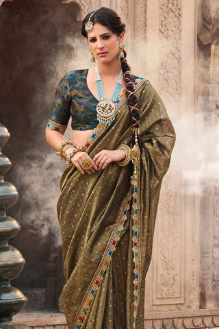 Olive Green Pure Tissue With Beaufort Multicolored Lace Saree_Kumari Sarees