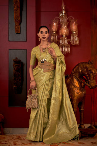 OLIVE GREEN ZARI BASI HANDLOOM WEAVING SILK SAREE