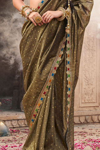 Olive Green Pure Tissue With Beaufort Multicolored Lace Saree_Kumari Sarees