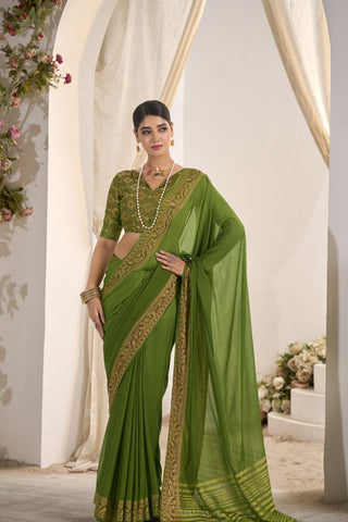Olive Green Pure Silk Creep Saree_Kumari Sarees