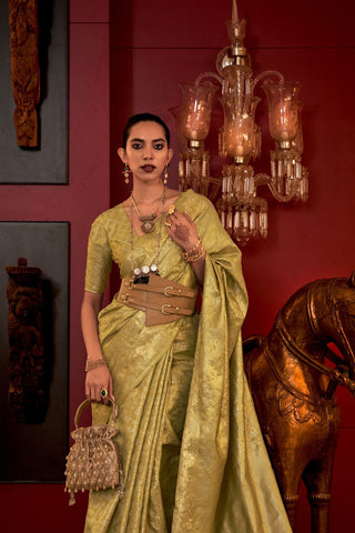 OLIVE GREEN ZARI BASI HANDLOOM WEAVING SILK SAREE