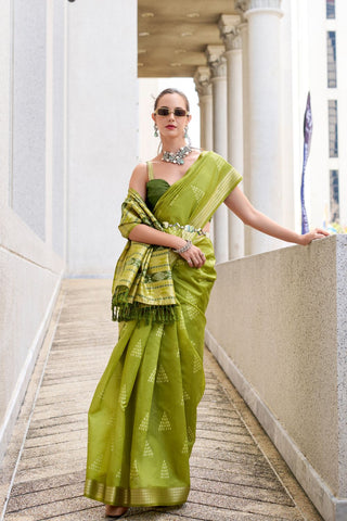 Olive Green Ikkat Weaving Silk Saree_Kumari Sarees