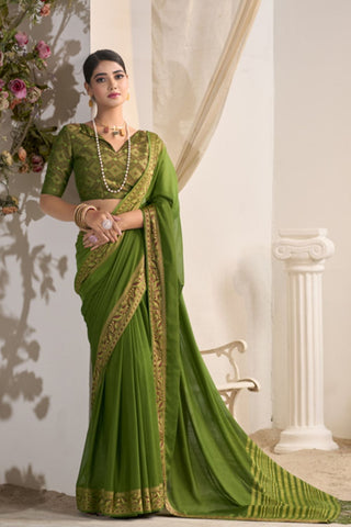 Olive Green Pure Silk Creep Saree_Kumari Sarees