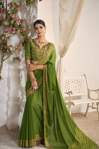 Olive Green Pure Silk Creep Saree_Kumari Sarees