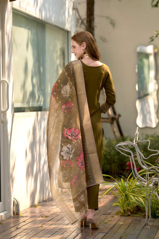 Olive Green Rayon With Embroidered Work Kurta Set