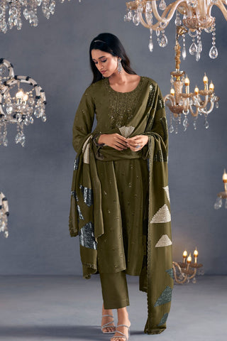 Olive Green Pure Russian Silk Embroidery Kurta Set