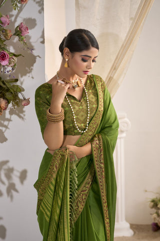 Olive Green Pure Silk Creep Saree_Kumari Sarees