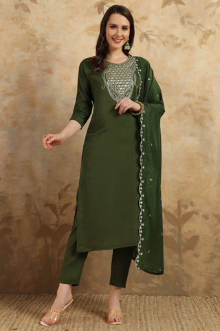 Green Nylon Chanderi Embroidery Kurta Set_Kumari Sarees