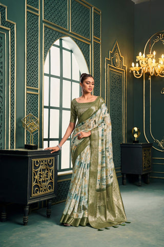 OLIVE GREEN MODAL COTTON SAREE WITH DIGITAL PRINT 