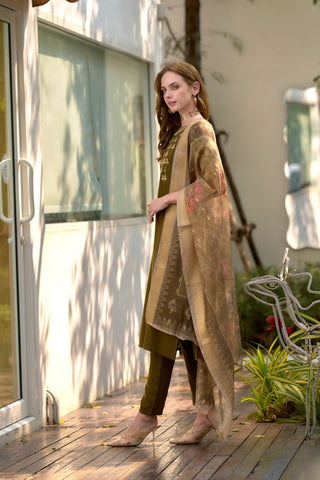 Olive Green Rayon With Embroidered Work Kurta Set
